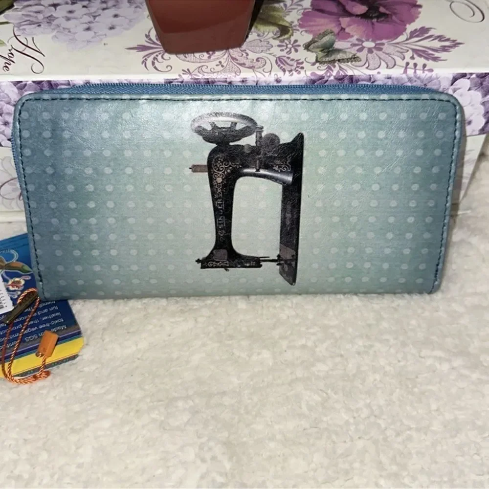 Mlaui Vegan Leather Wallet Blue Tones Polka Sewing Machine & Scissors Print